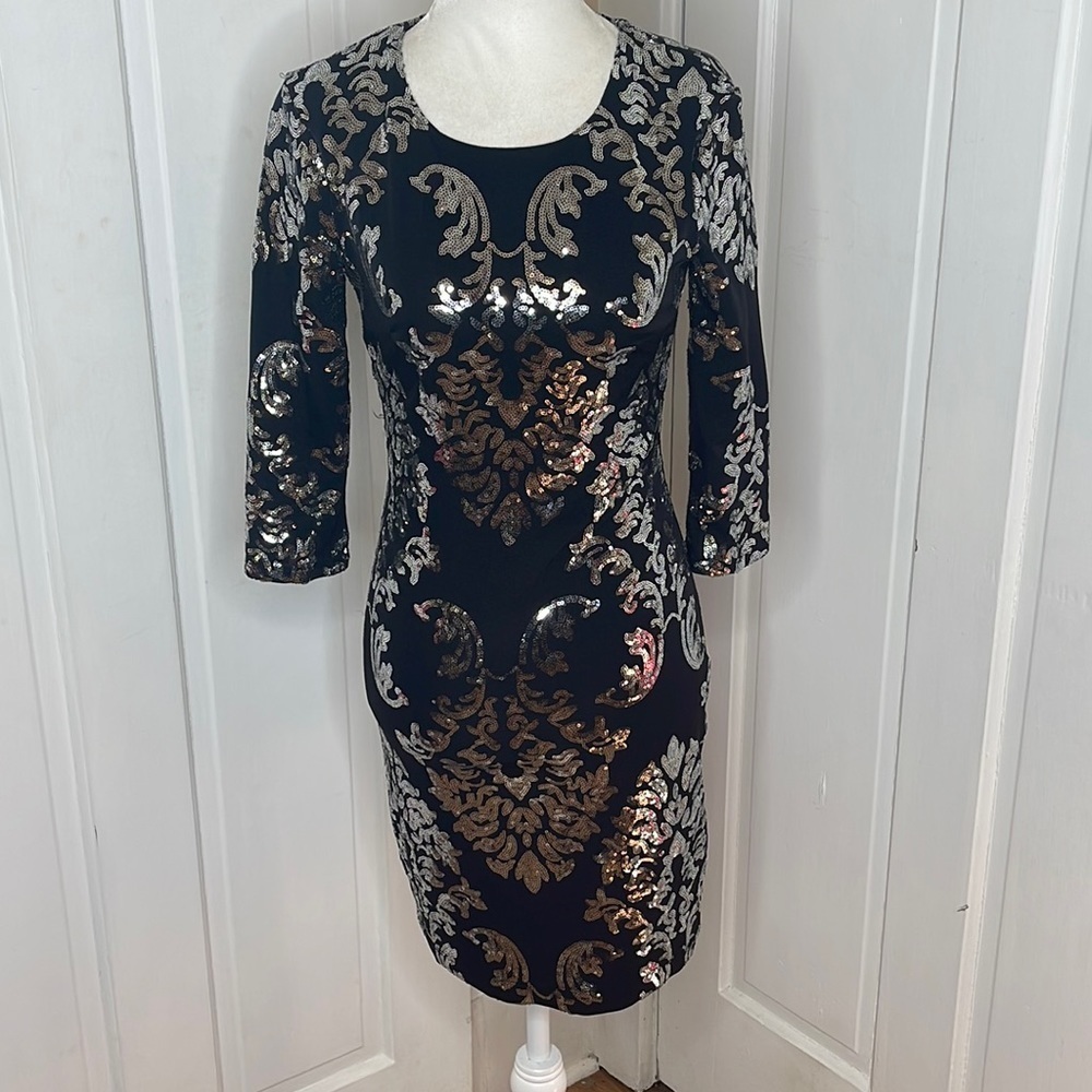 B. Darlin 3/4 Length Sleeve Sequined Bodycon Dress Lined Stretch Black S…